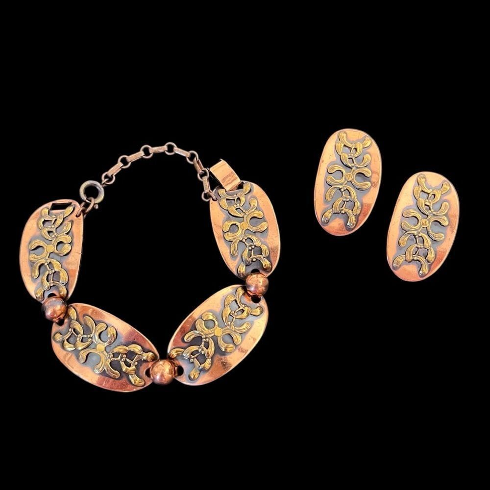 Vintage Copper Metal Bracelet & Earrings Set